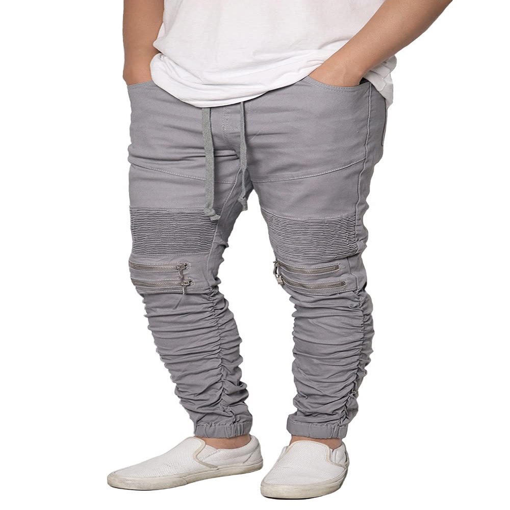 URBANJ Men's Slim Fit Biker Jogger Pants with Shirring Detail S-5XL (L, Grey)