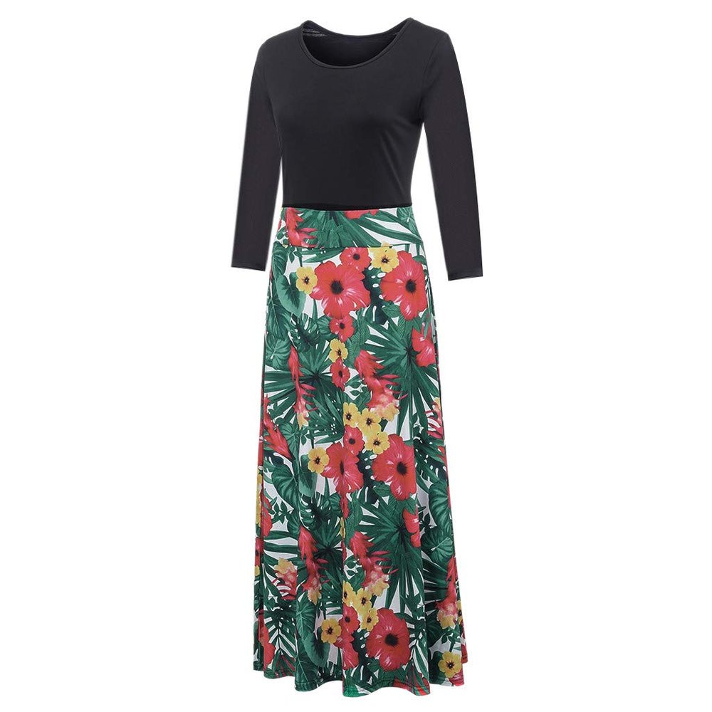Clopon Women's Long Dress, Floral Print Maxi Dresses for Ladies Winter Long Sleeve Dress (XL, Green)