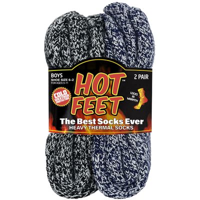 HOT FEET Kids Thermal Socks  Warm Winter Socks for Boys & Girls, Cozy & Insulated, Thick Heated Sock 2 Pack, shoe size 2-6, Navy/White/Black