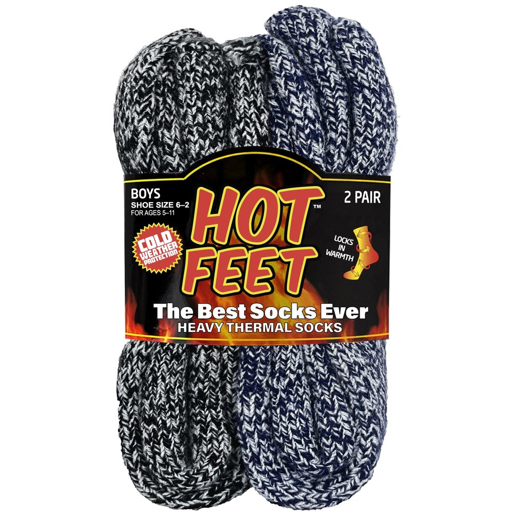 HOT FEET Kids Thermal Socks Warm Winter Socks for Boys & Girls, Cozy & Insulated, Thick Heated Sock 2 Pack, shoe size 2-6, Navy/White/Black