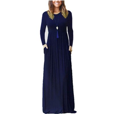 Clopon Women's Long Sleeve Dress with Pockets Solid Color Long Maxi Dresses for Ladies Casual Dress
