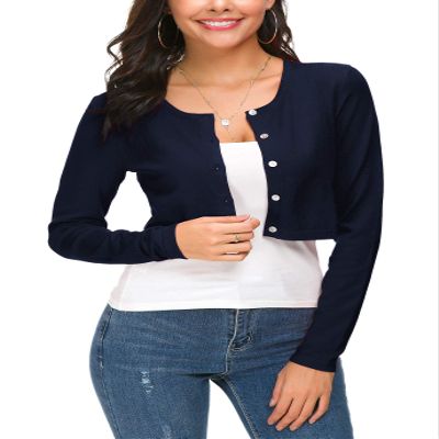 EXCHIC Women's Cropped Knit Cardigan Sweater Long Sleeve Button Down Open Front Bolero Shrug for Spring and Fall (M, Navy Blue)