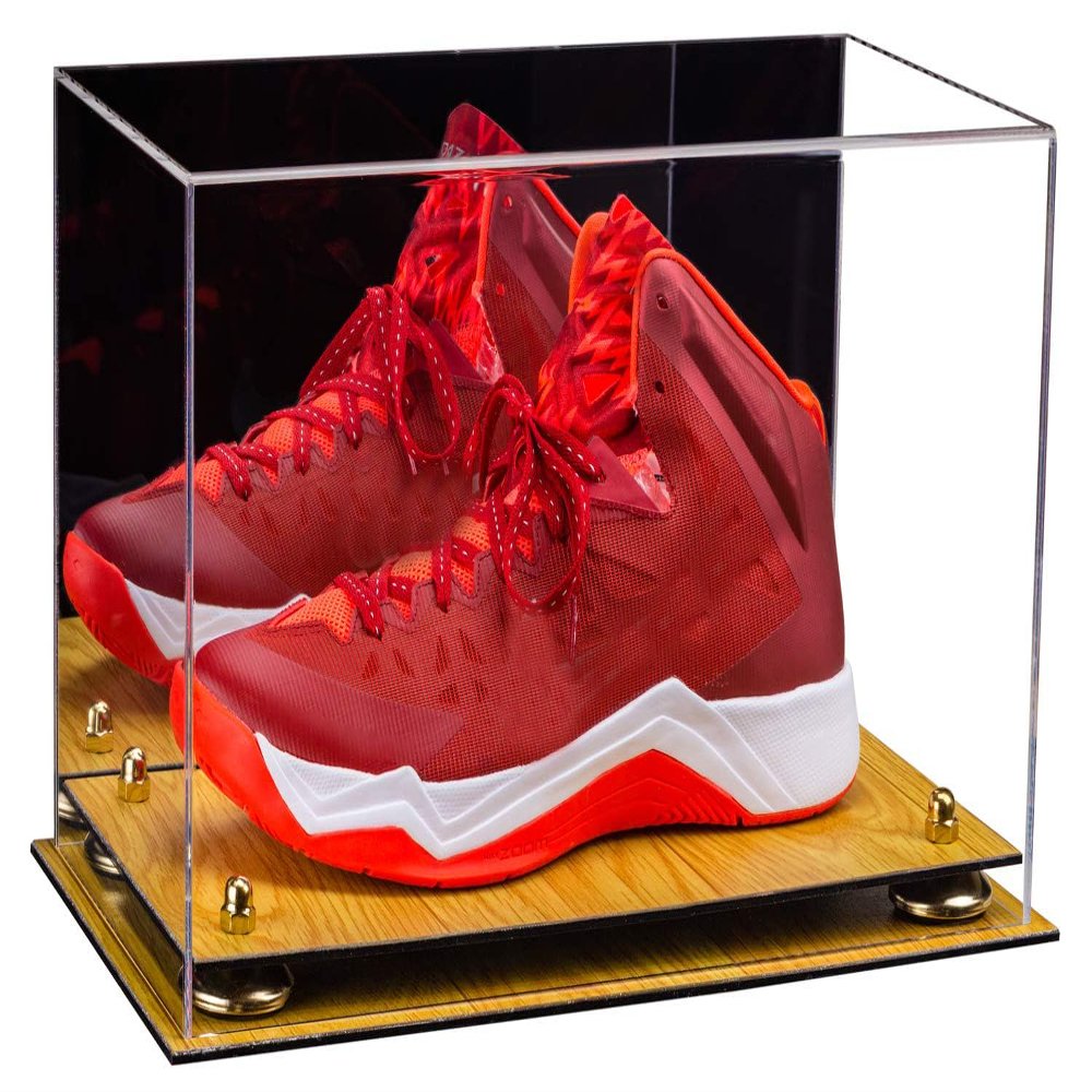 Better Display Cases Acrylic Large Shoe Display Case for Basketball Shoe Soccer Cleat Football Cleat with Mirror, Gold Risers and Wood Base (A013-GR)