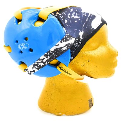 Wrestling Hair Cap - Under The Headgear 4 Strap Style - White Paint Splatter - New in 2019! (Black Trim)