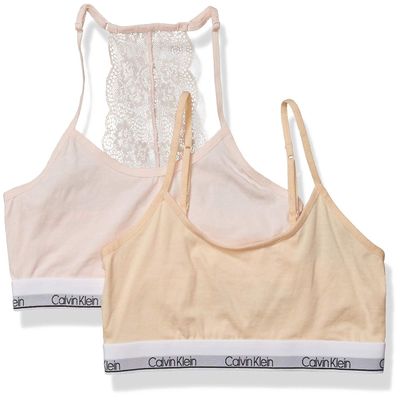 Calvin Klein Kids Girls' Modern Cotton Racerback Bralette with Lace 2-Pack, Crystal Pink/Nude, Small