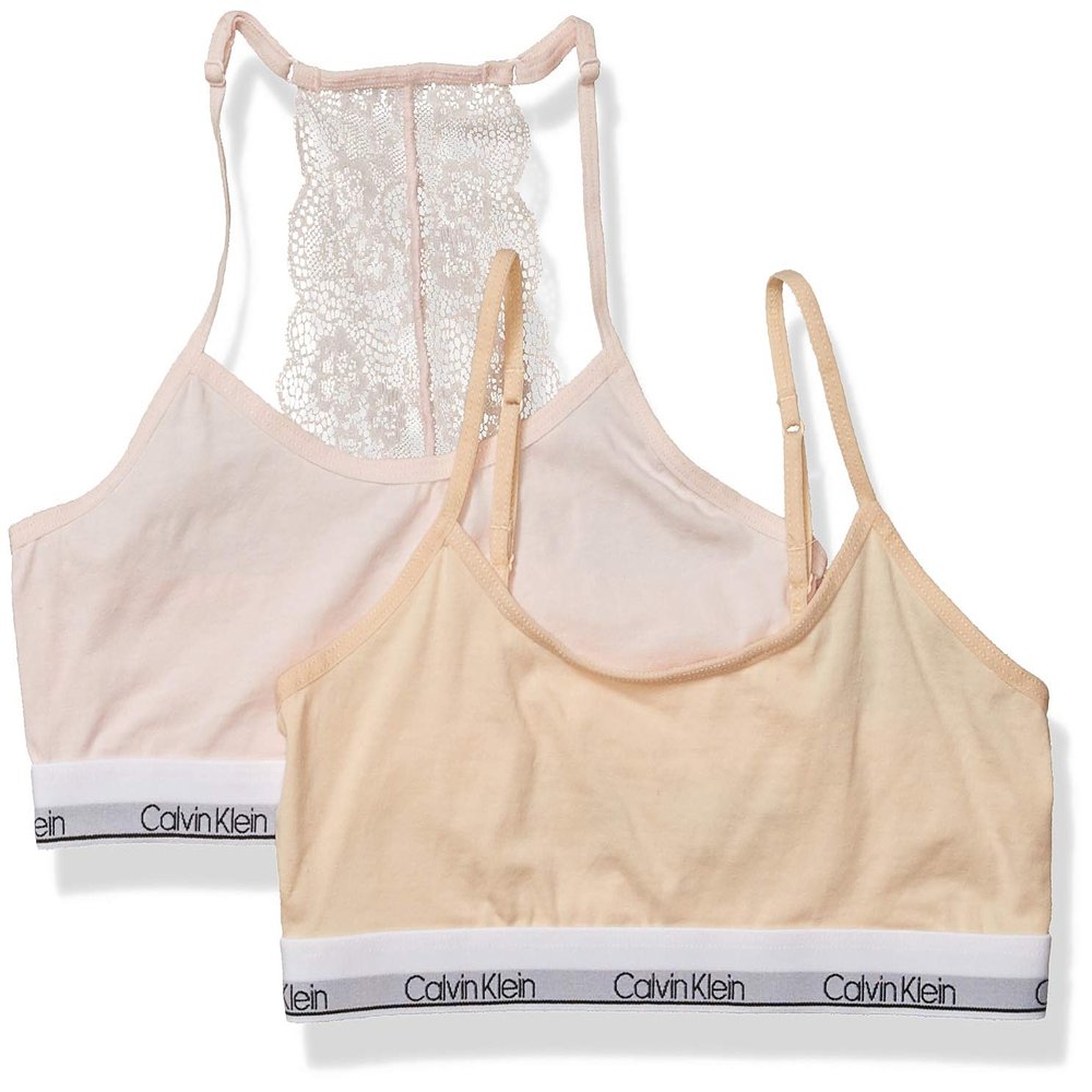 Calvin Klein Kids Girls' Modern Cotton Racerback Bralette with Lace 2-Pack, Crystal Pink/Nude, Small