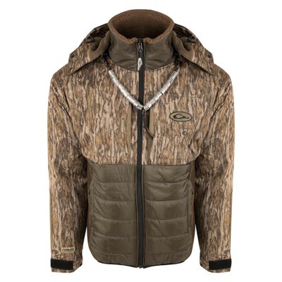 Drake Waterfowl LST Guardian Flex Double Down Eqwader Full Zip with Hood Mossy Oak Bottomland Large