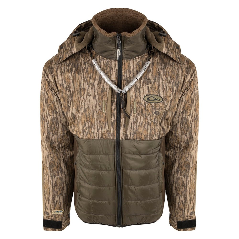 Drake Waterfowl LST Guardian Flex Double Down Eqwader Full Zip with Hood Mossy Oak Bottomland Large