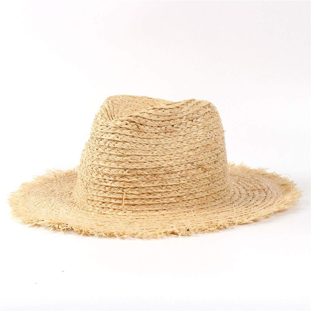 FF Men's Summer Hand-Knit Flat Along The Lafite Straw Hat, Travel Leisure Adjustable Beach Hat, Holiday Sun Hat (Color : Khaki)