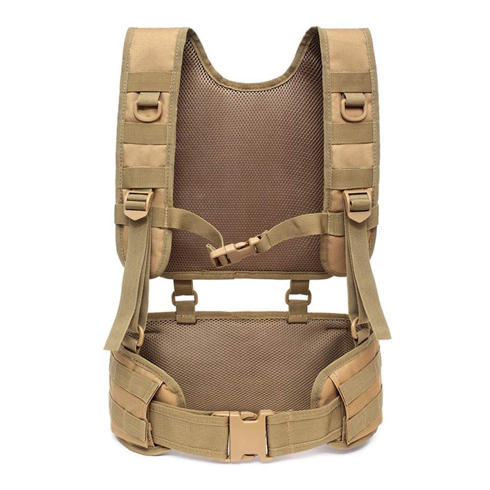 JINJULI Tactical MOLLE Battle Belt + Military Battle Belt Harness Load Bearing H-Harness Patrol Belt For Outdoor Activities (Tan)