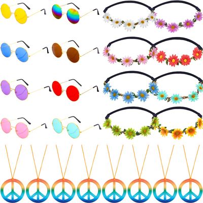 Frienda 24 Pcs Hippie Costume Accessories Set Boho Peace Sign Necklaces Daisy Sunflower Headbands Retro Sunglasses 60s 70s Party Favors Decor for Groovy Party Girls Birthday Supplies