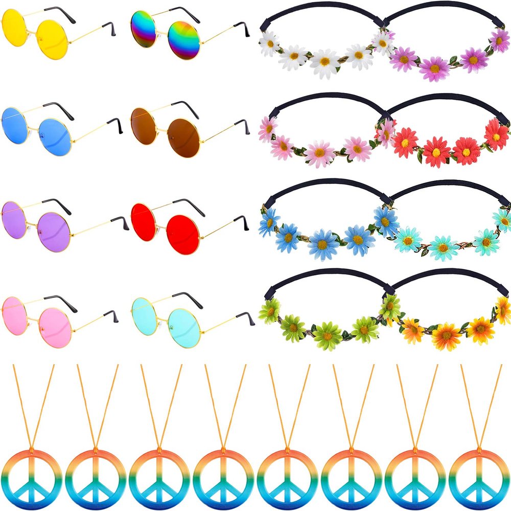 Frienda 24 Pcs Hippie Costume Accessories Set Boho Peace Sign Necklaces Daisy Sunflower Headbands Retro Sunglasses 60s 70s Party Favors Decor for Groovy Party Girls Birthday Supplies