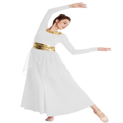 HIHCBF Women Long Sleeve Praise Dance Dress Liturgical Metallic Waistband Wide Swing Chiffon Skirt Worship Lyrical Costume White XL