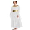 HIHCBF Women Long Sleeve Praise Dance Dress Liturgical Metallic Waistband Wide Swing Chiffon Skirt Worship Lyrical Costume White XL view 2