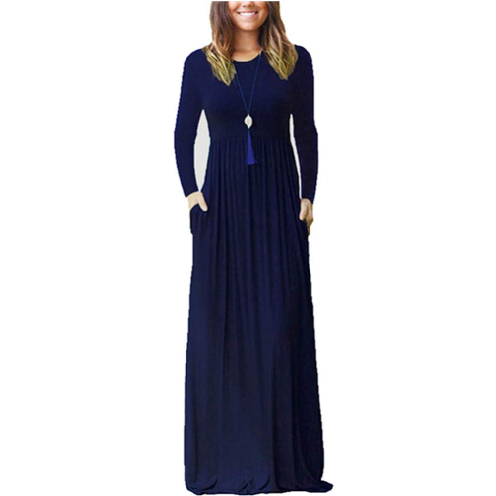 Clopon Women's Long Sleeve Dress with Pockets Solid Color Long Maxi Dresses for Ladies Casual Dress