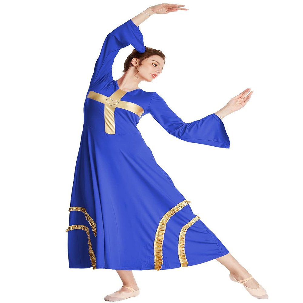 HIHCBF Women Praise Dance Cross Robe Bell Sleeve Worship Dresses Metallic Ruffles Wide Swing Liturgical Lyrical Costume Royal Blue XL