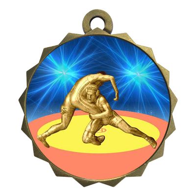 2-1/4 Inch Die-Cast Metal Award Medallion with Antique Gold Finish and Attached 2 Inch Full Color Laminated Sport Insert.