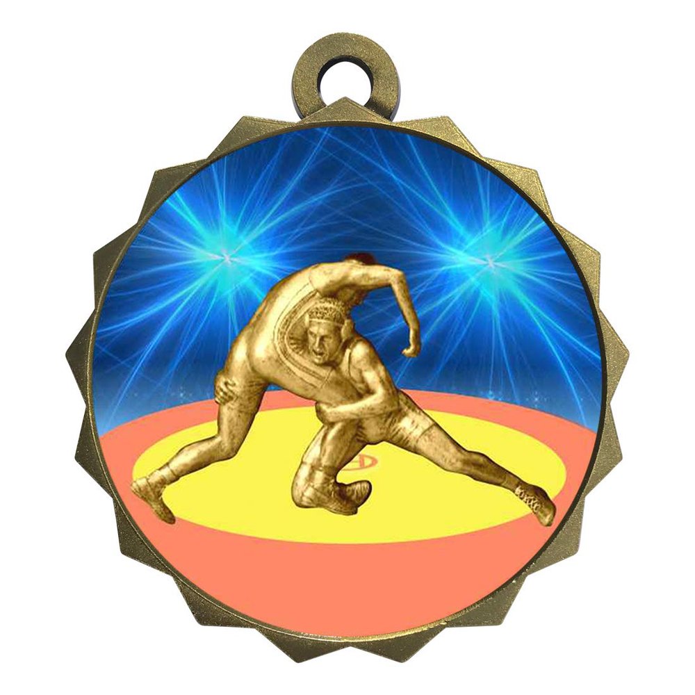 2-1/4 Inch Die-Cast Metal Award Medallion with Antique Gold Finish and Attached 2 Inch Full Color Laminated Sport Insert.