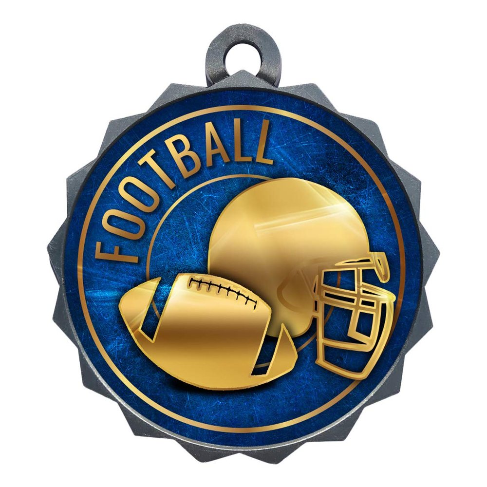 2-1/4 Inch Die-Cast Metal Football Award Medals with Antique Silver Finish and Attached 2 Inch Full Color Sport Insert. EG28 (Pack of 50)