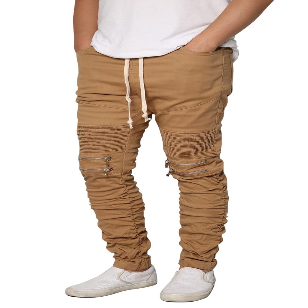 URBANJ Men's Slim Fit Biker Jogger Pants with Shirring Detail S-5XL (S, Wheat)