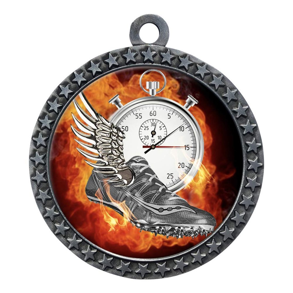 2-1/2 Inch Die-Cast Metal Award Medallion with Antique Silver Finish and Attached 2 Inch Full Color Laminated Sport Insert.