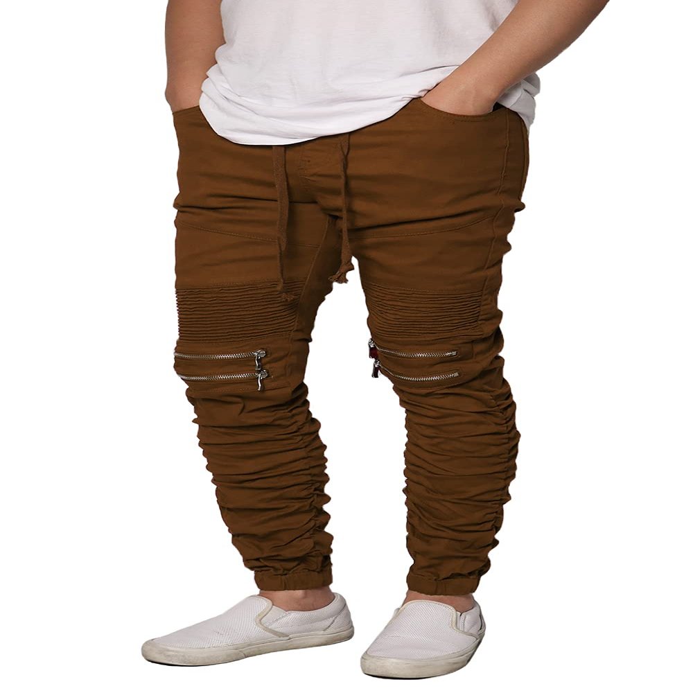 URBANJ Men's Slim Fit Biker Jogger Pants with Shirring Detail S-5XL (M, Mocha)