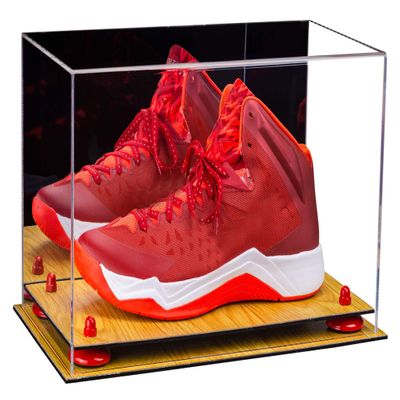 Better Display Cases Acrylic Large Shoe Display Case for Basketball Shoe Soccer Cleat Football Cleat with Mirror, Red Risers and Wood Base (A013-RR)
