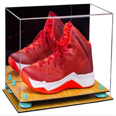 Better Display Cases Acrylic Large Shoe Display Case for Basketball Shoe Soccer Cleat Football Cleat with Mirror, Light Blue Risers and Wood Base (A013-BLR)