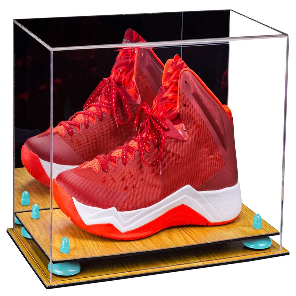 Better Display Cases Acrylic Large Shoe Display Case for Basketball Shoe Soccer Cleat Football Cleat with Mirror, Light Blue Risers and Wood Base (A013-BLR)