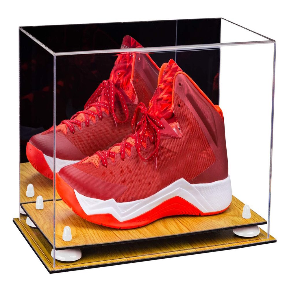 Better Display Cases Acrylic Large Shoe Display Case for Basketball Shoe Soccer Cleat Football Cleat with Mirror, White Risers and Wood Base (A013-WR)
