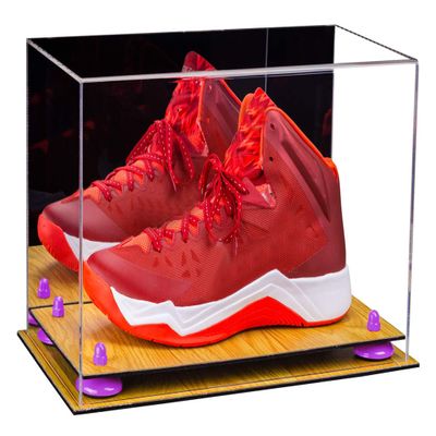 Better Display Cases Acrylic Large Shoe Display Case for Basketball Shoe Soccer Cleat Football Cleat with Mirror, Purple Risers and Wood Base (A013-PR)