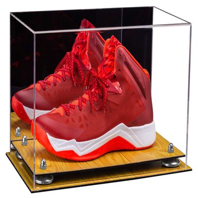 Better Display Cases Acrylic Large Shoe Display Case for Basketball Shoe Soccer Cleat Football Cleat with Mirror, Silver Risers and Wood Base (A013-SR)