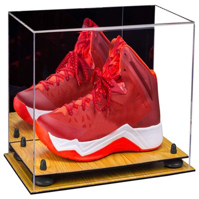 Better Display Cases Acrylic Large Shoe Display Case for Basketball Shoe Soccer Cleat Football Cleat with Mirror, Black Risers and Wood Base (A013-BR)
