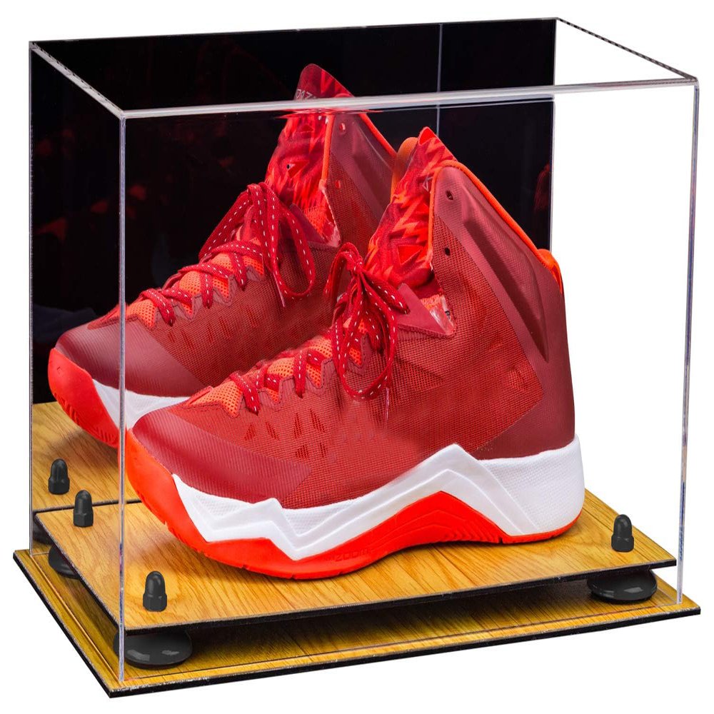 Better Display Cases Acrylic Large Shoe Display Case for Basketball Shoe Soccer Cleat Football Cleat with Mirror, Black Risers and Wood Base (A013-BR)