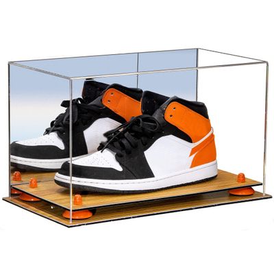 Better Display Cases Acrylic Large Shoe Display Case for Basketball Shoe Soccer Cleat Football Cleat with Mirror, Orange Risers and Wood Base (A013-OR)