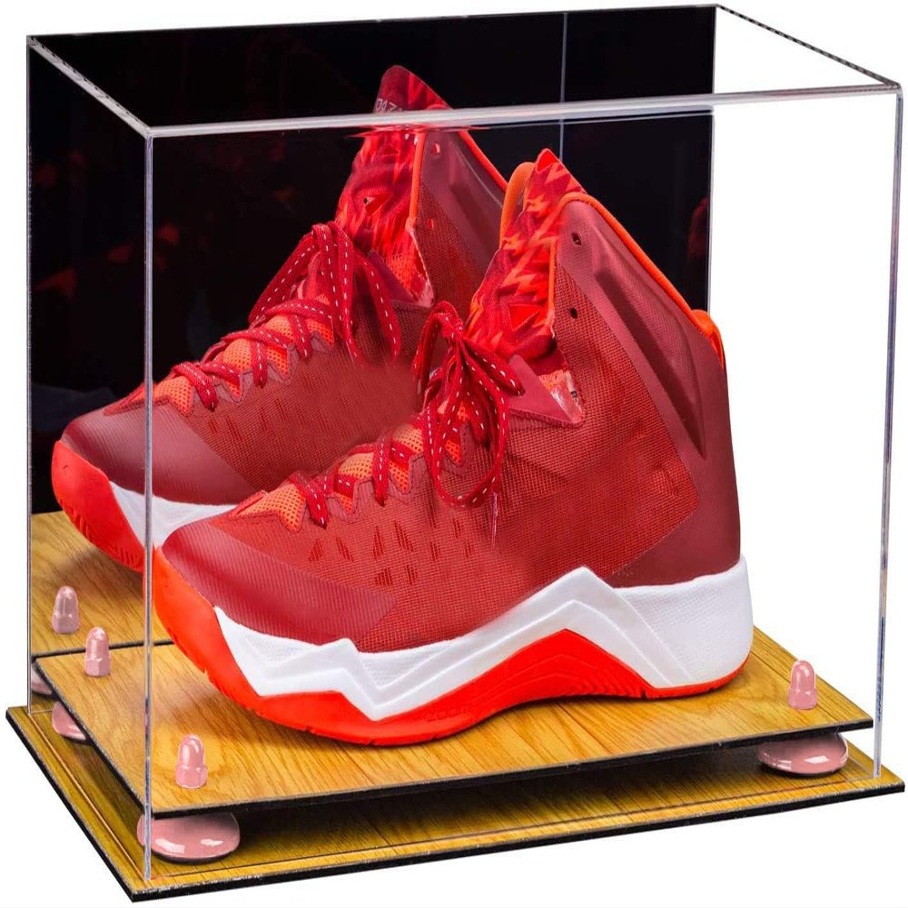 Better Display Cases Acrylic Large Shoe Display Case for Basketball Shoe Soccer Cleat Football Cleat with Mirror, Pink Risers and Wood Base (A013-PNR)