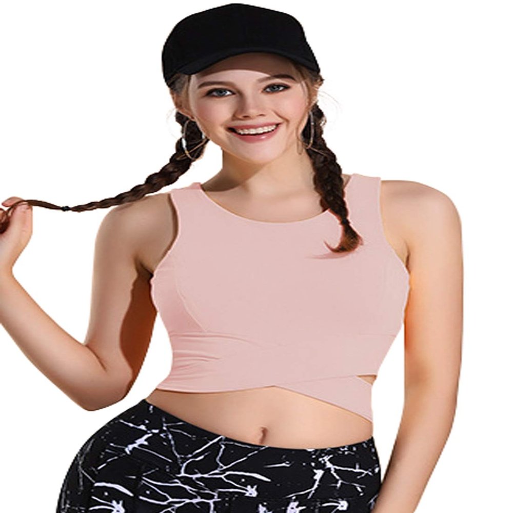 ebossy Women's Active Cross Tied Fitness Super Stretchy Sleeveless Cropped Yoga Tops Cups (Asian XL, Pink)