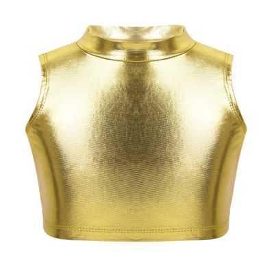 FEESHOW Big Girls' Metallic Racer Back Sports Bra Tops Gymnastics Ballet Dance Stage Performance Crop Tops Tank Gold 13-14
