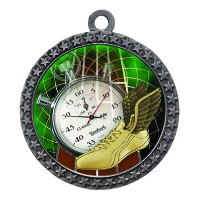 2-1/2 Inch Die-Cast Metal Award Medallion with Antique Silver Finish and Attached 2 Inch Full Color Laminated Sport Insert.