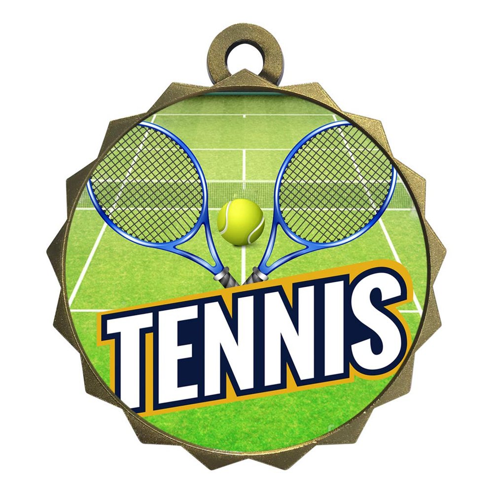 2-1/4 Inch Die-Cast Metal Tennis Medal Award Medallion with Antique Gold Finish and Attached 2 Inch Full Color Laminated Sport Insert Medals Trophy