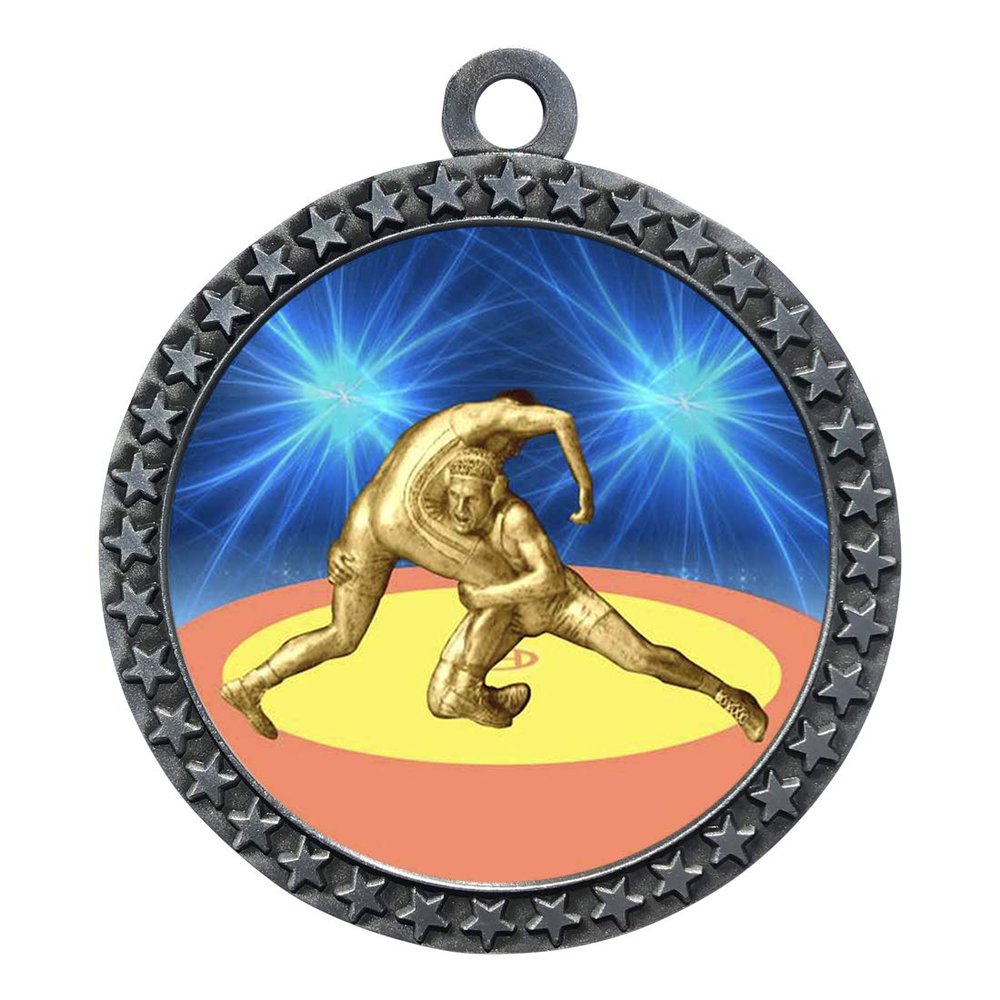 2-1/2 Inch Die-Cast Metal Award Medallion with Antique Silver Finish and Attached 2 Inch Full Color Laminated Sport Insert.