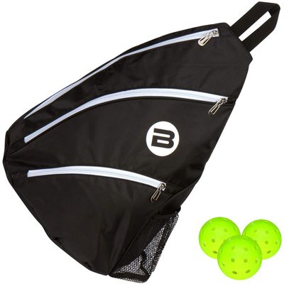 BESTA Premium Pickleball Bag. Padded Sling Bag with 3 Compartments, Water Bottle Holder and Adjustable Strap that Switches Sides. Holds Several Paddles, Balls and More. (Black with White Trim)