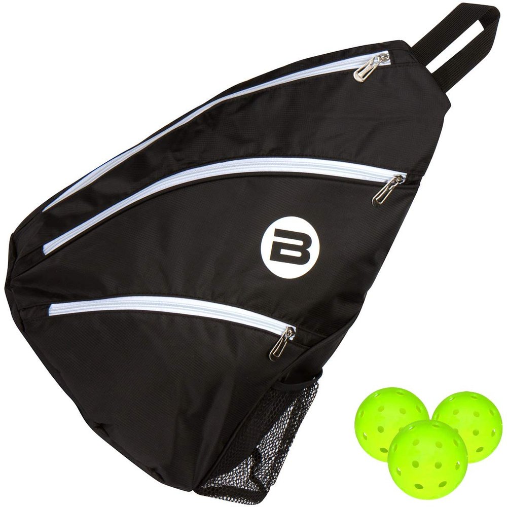 BESTA Premium Pickleball Bag. Padded Sling Bag with 3 Compartments, Water Bottle Holder and Adjustable Strap that Switches Sides. Holds Several Paddles, Balls and More. (Black with White Trim)