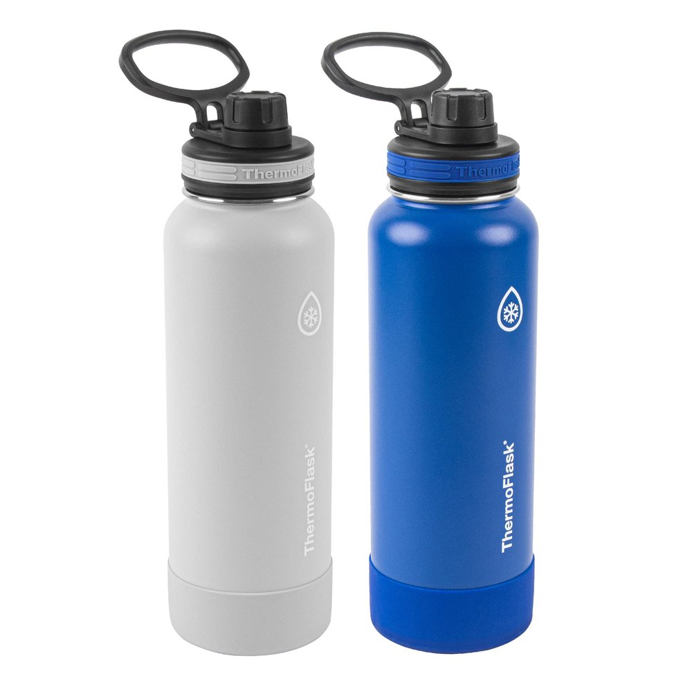 ThermoFlask Stainless Steel Water Bottles 2-Pack - Double-Wall Vacuum Insulated 40 oz BPA-Free Spout Lids - Keeps Drinks Cold 24 Hrs, Hot 12 Hrs - Leakproof, Dishwasher Safe, Ice Grey/Azure