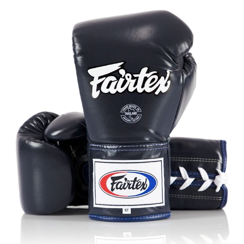 Fairtex BGL6 Handmade Leather Gloves| Optimal fist Closure with a Locked-Thumb Design| Premium Leather |Triple-Layered Foam |Lace-up Closure. Ideal for Boxing, MMA, and Kickboxing.(Blue/14oz)