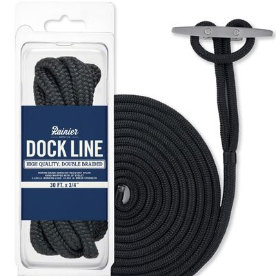 RainierSupplyCo Dock Lines - Boat Rope for Docking with Loop - 30 ft x 3/4 Inch Premium Double Braided Nylon Marine Rope - Mooring Line with 18" Eyelet - Boat Accessories - Black