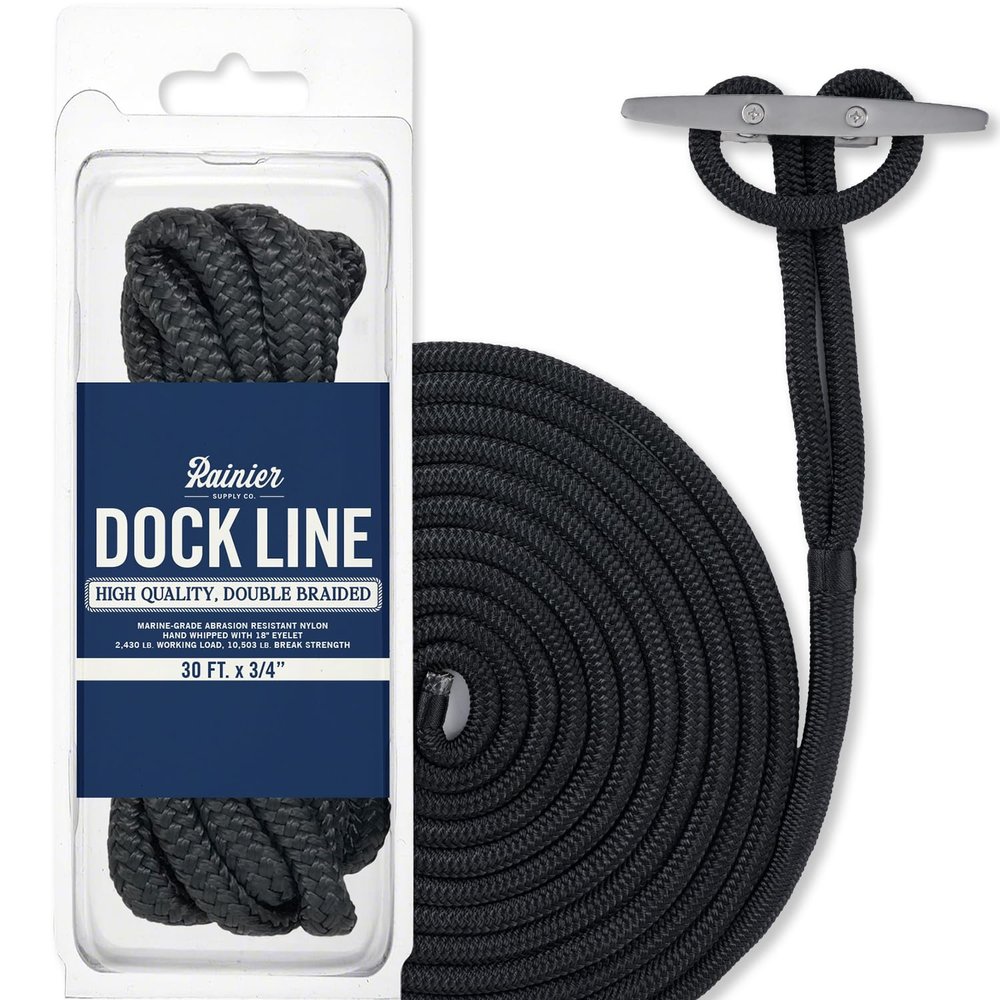 RainierSupplyCo Dock Lines - Boat Rope for Docking with Loop - 30 ft x 3/4 Inch Premium Double Braided Nylon Marine Rope - Mooring Line with 18" Eyelet - Boat Accessories - Black