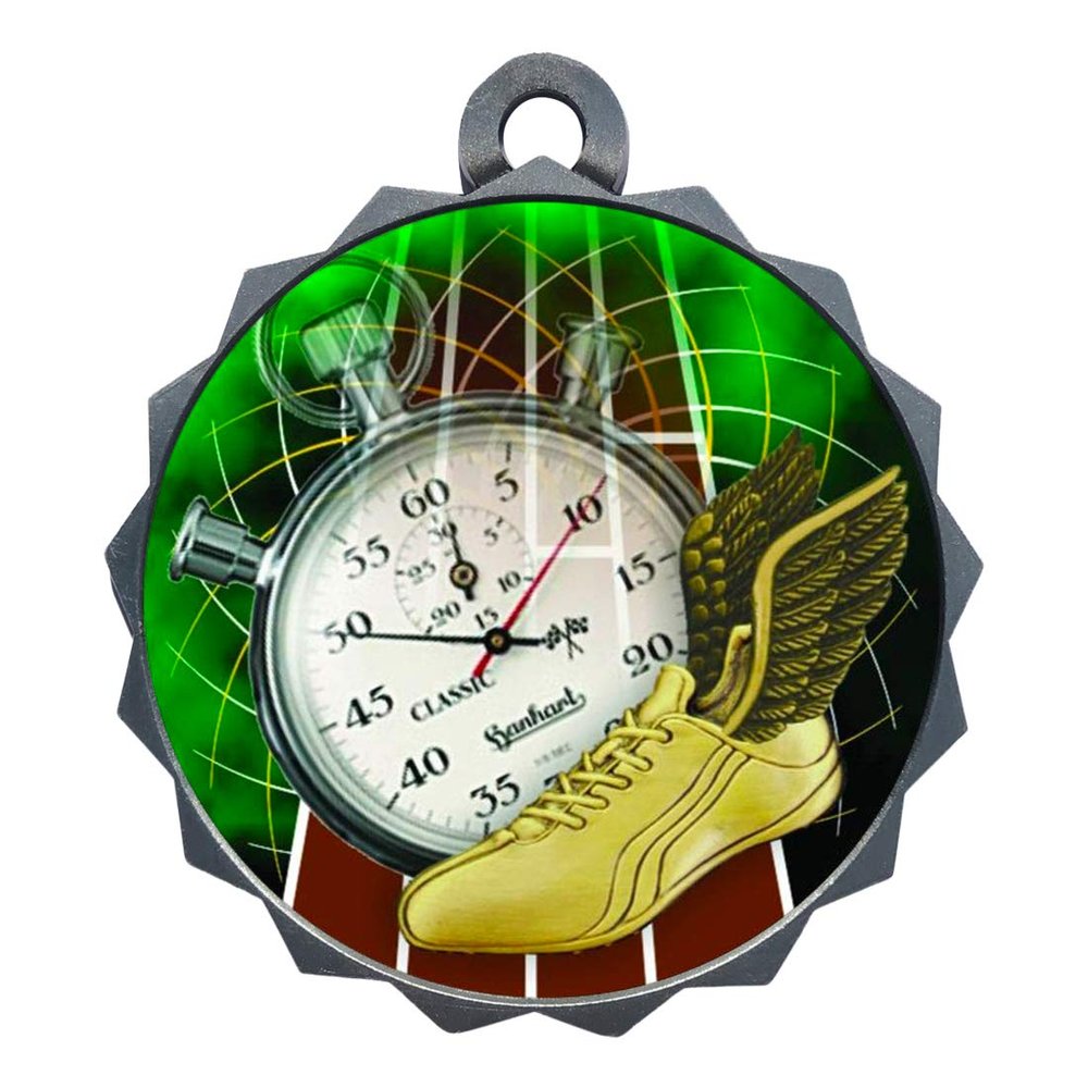 2-1/4 Inch Die-Cast Metal Award Medallion with Antique Silver Finish and Attached 2 Inch Full Color Laminated Sport Insert.