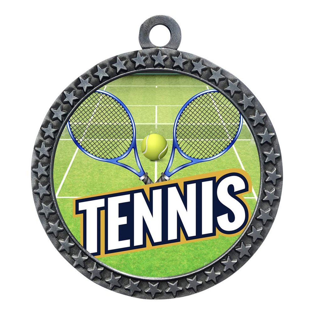 2-1/2 Inch Die-Cast Metal Tennis Medal Award Medallion with Antique Silver Finish and Attached 2 Inch Full Color Laminated Sport Insert Medals Trophy