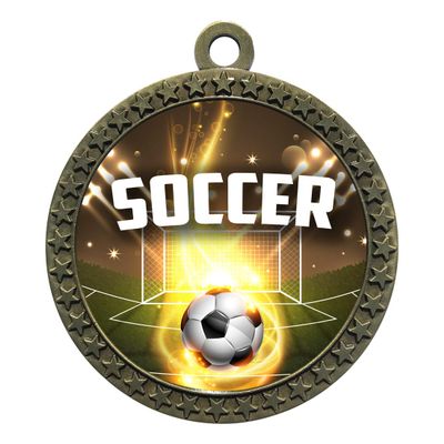 2-1/2 Inch Die-Cast Metal Award Medallion with Antique Gold Finish and Attached 2 Inch Full Color Laminated Sport Insert.